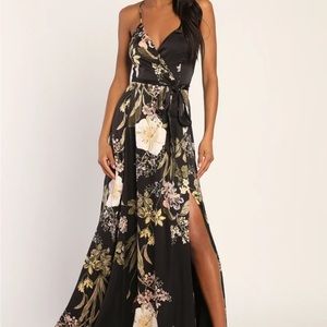 Lulu’s Still the One Black Floral Print Satin Maxi Dress